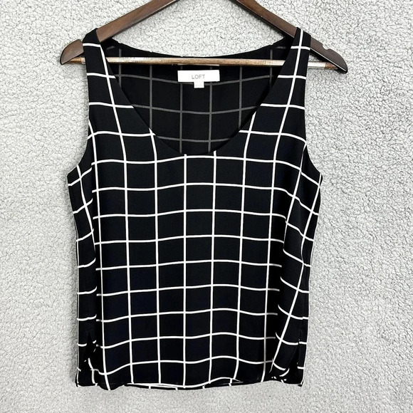 LOFT Sleeveless Top Womens XS Black Windowpane‎ Plaid Oversized Quiet Luxury - Picture 1 of 7